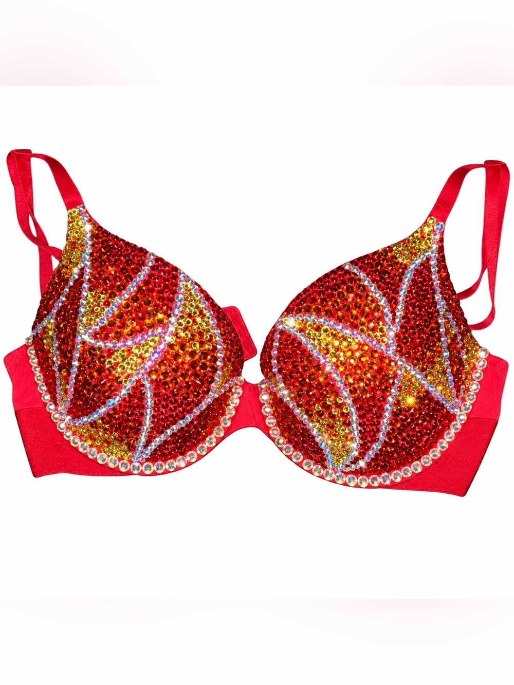 34D Flames Design Rhinestone Classic Glam Bling Red Bra Top New